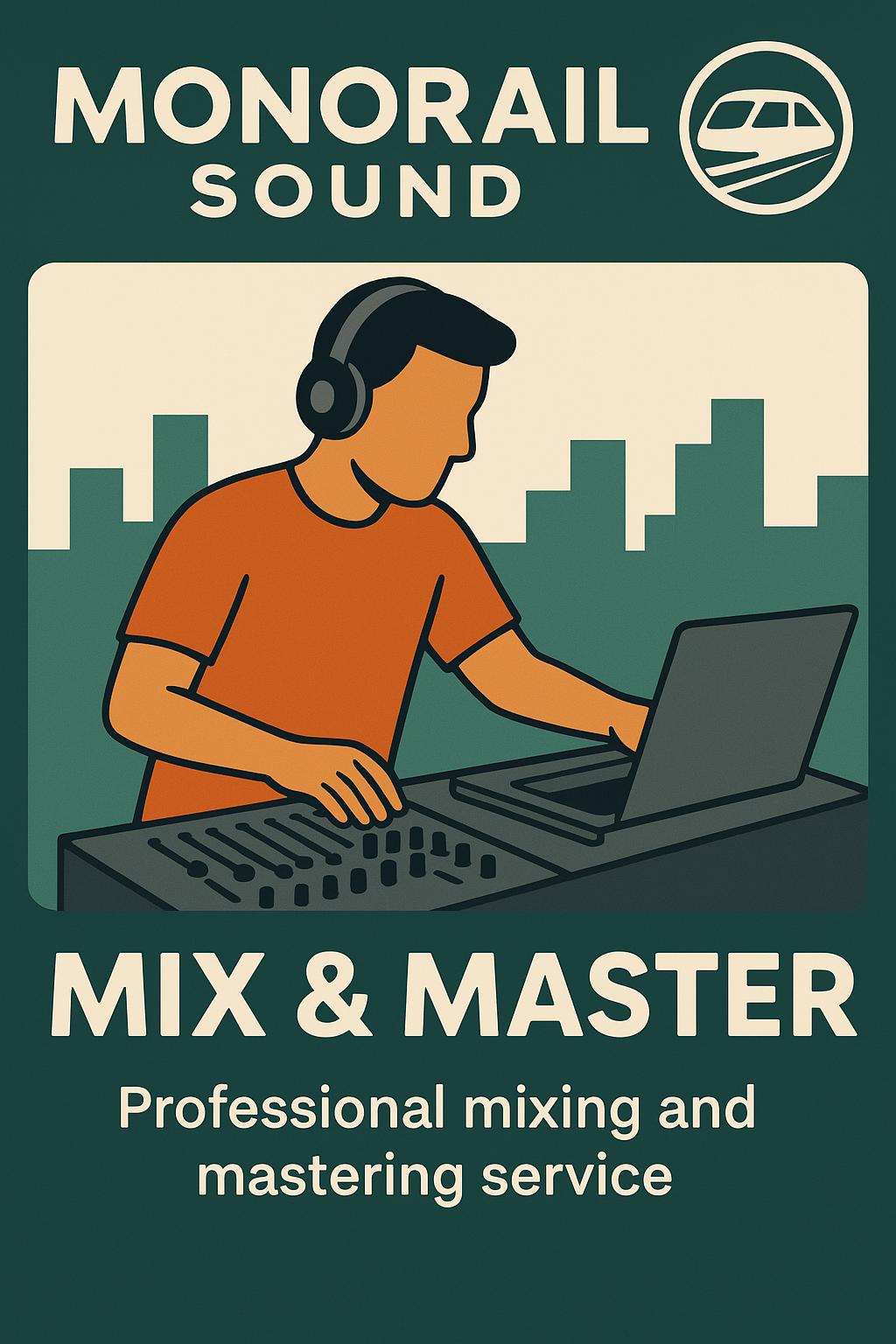 Monorail Sound mix and master service — retro illustrated poster of an engineer at a mixing console