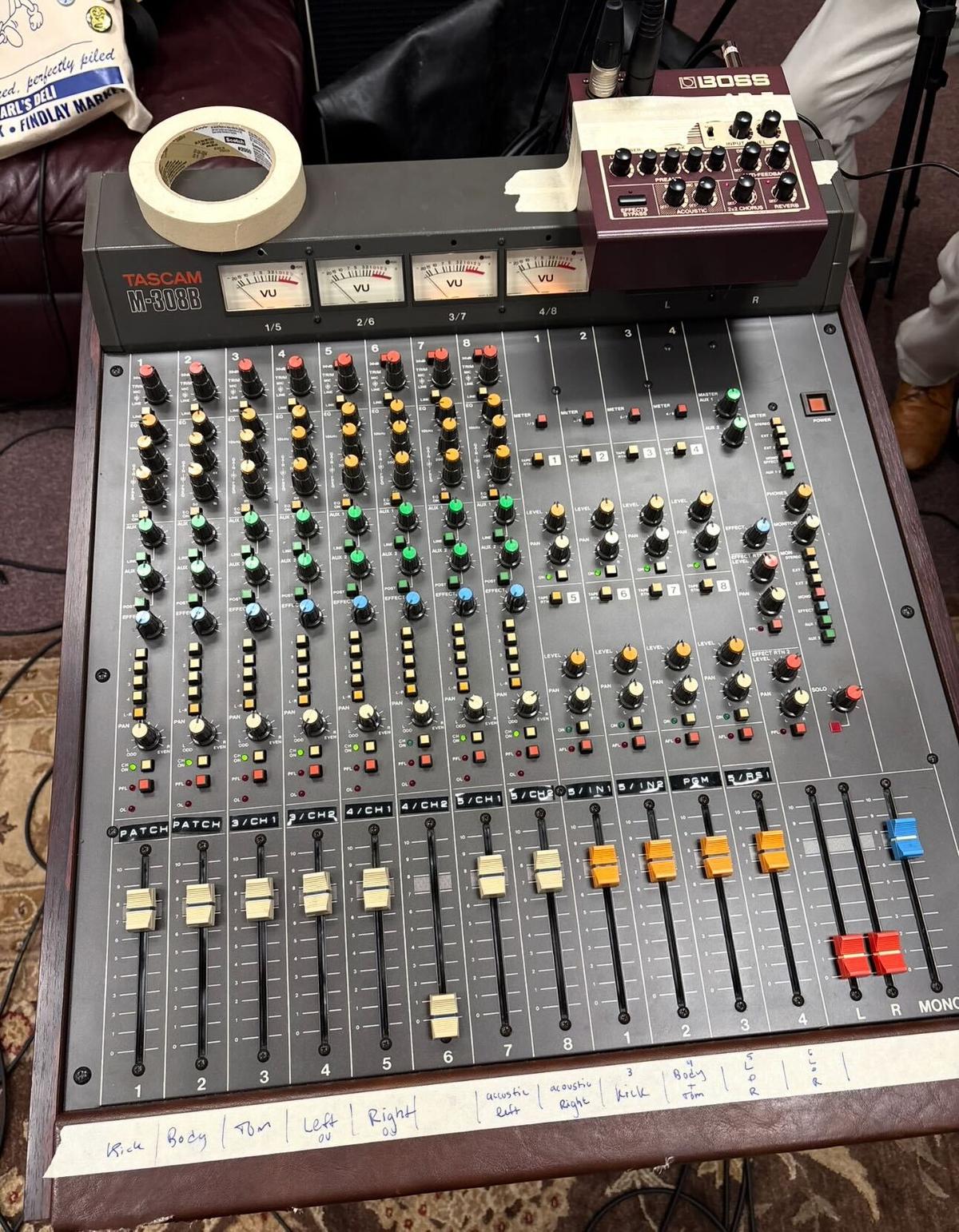 Vintage TASCAM M-308B analog mixing console at Monorail Sound studio