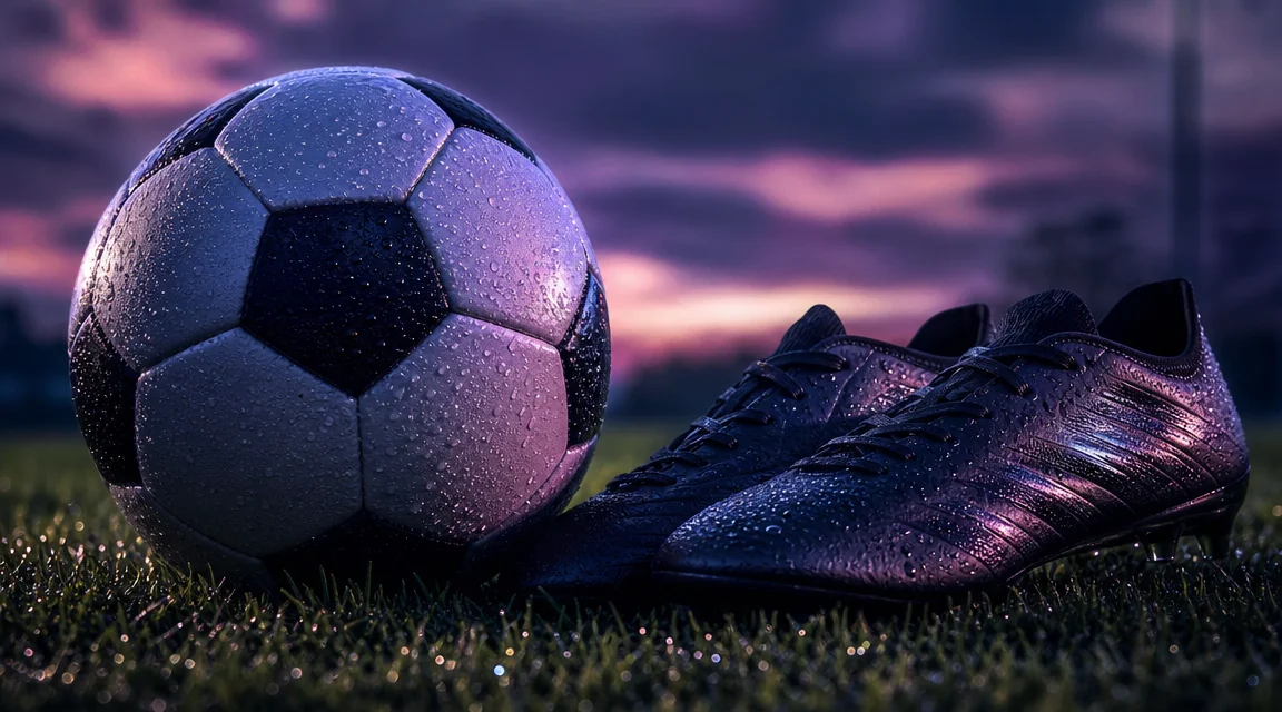 A soccer ball and cleats on dewy grass at dusk