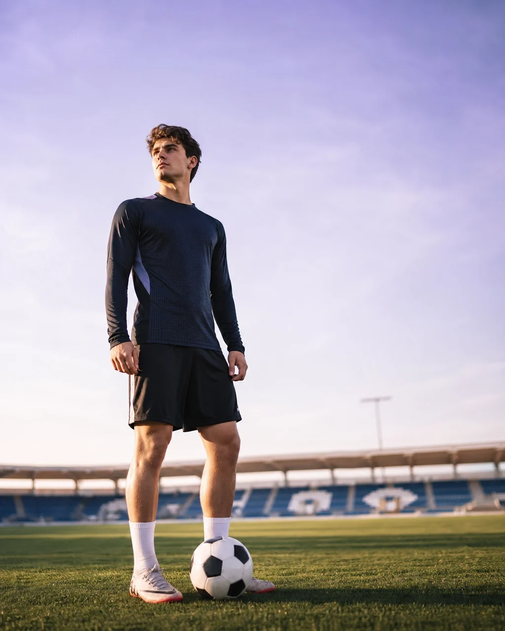 A focused soccer player with the ball on a sunlit pitch