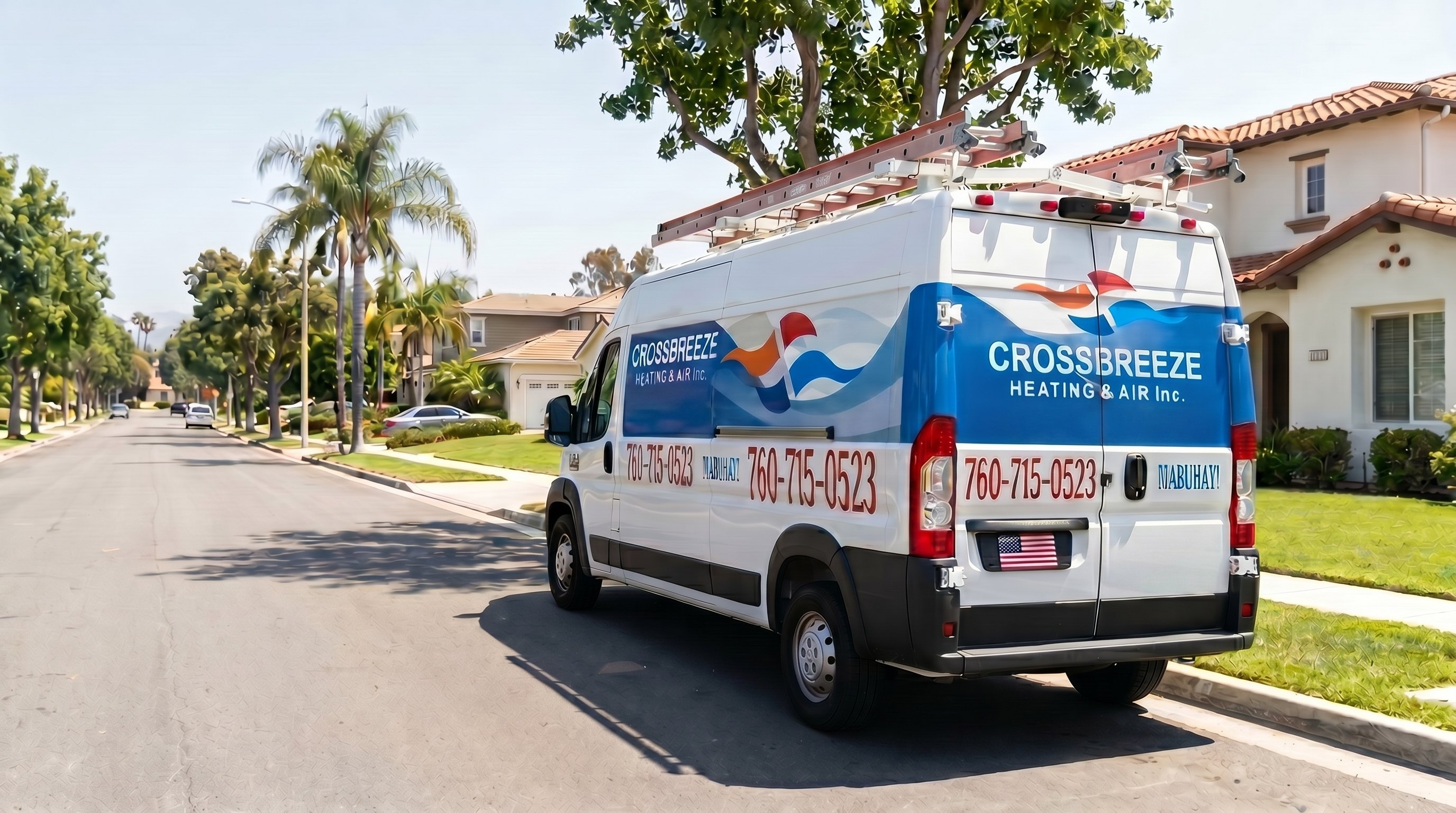 The CrossBreeze Heating & Air branded service van on a San Diego residential street