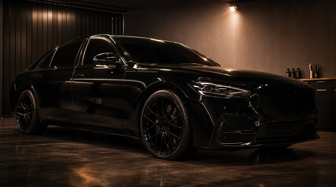 Glossy ceramic-coated vehicle in detailing studio