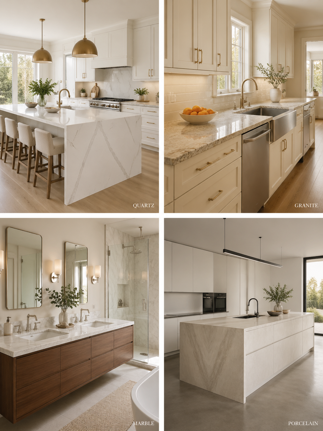 Quartz, granite, marble and porcelain installed in finished kitchens and baths