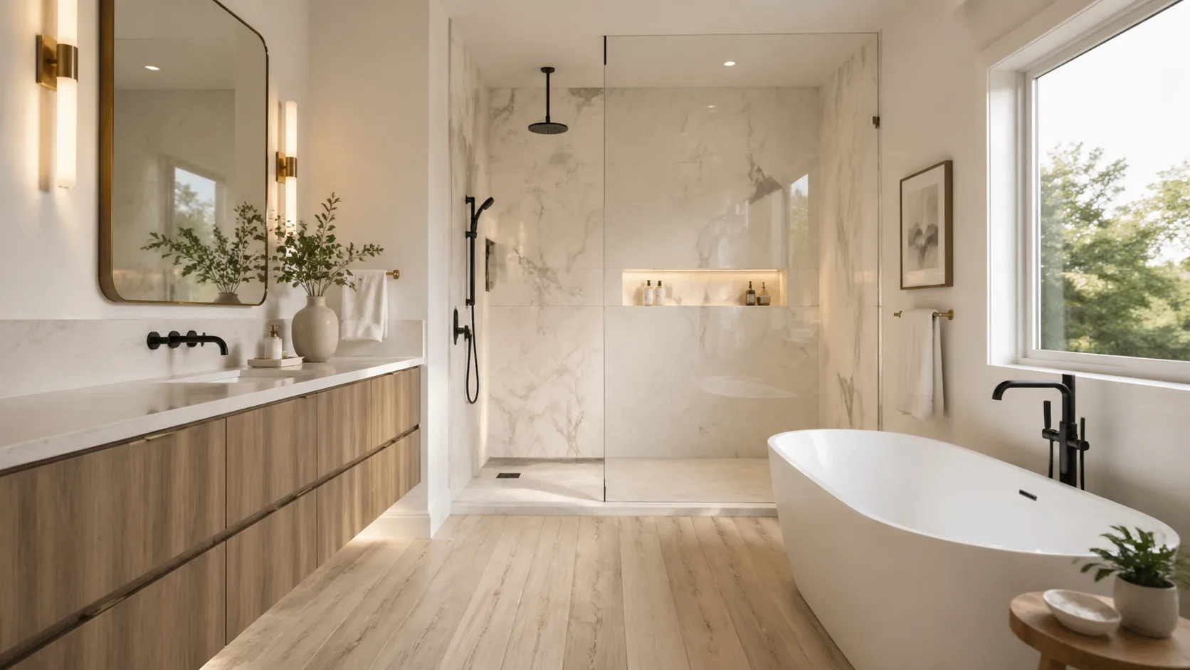 Modern luxury bathroom with marble shower and floating vanity