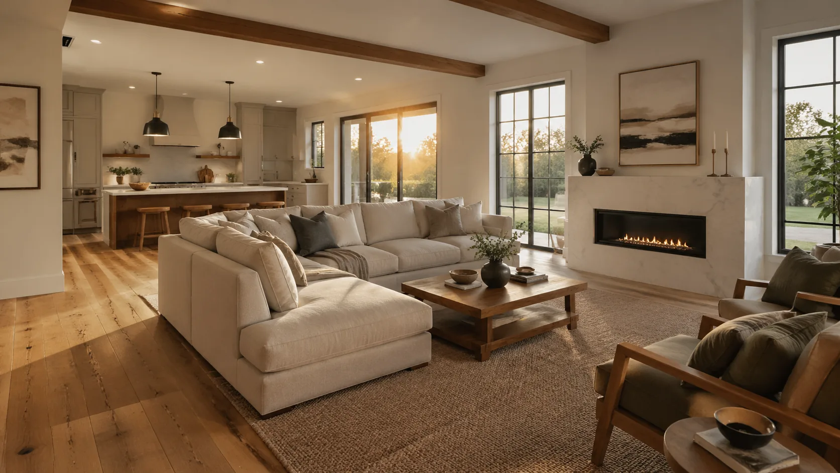 Open-concept living room with wide-plank hardwood flooring
