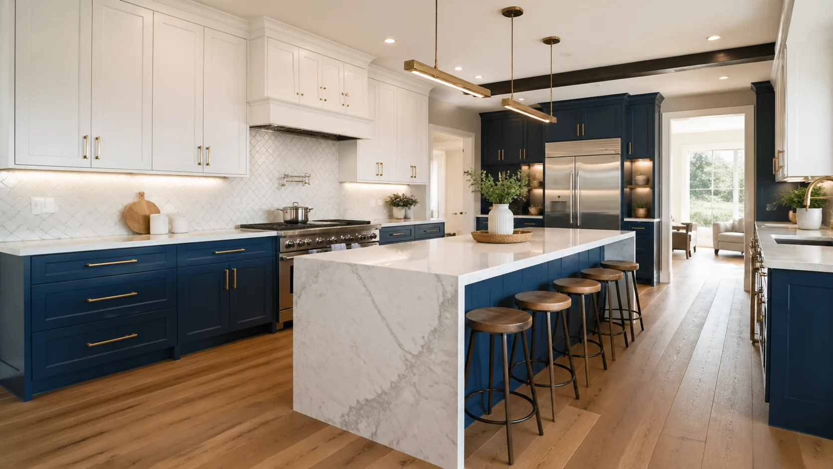Navy and white shaker kitchen with marble waterfall island