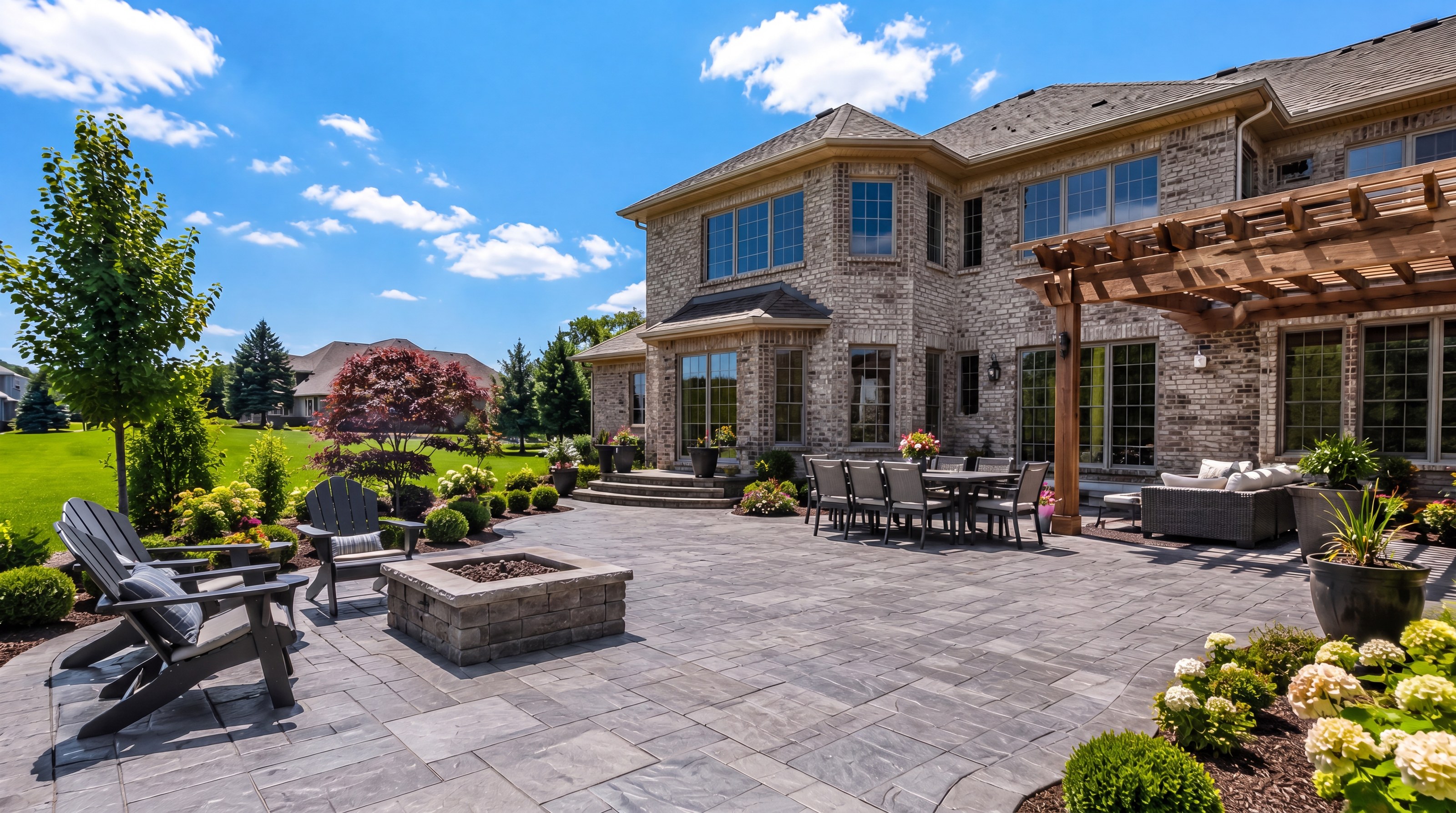Stamped concrete patio with pergola, fire pit, and outdoor living space behind an upscale Ohio home on a bright day — by Ohio Valley Concrete & Hardscapes
