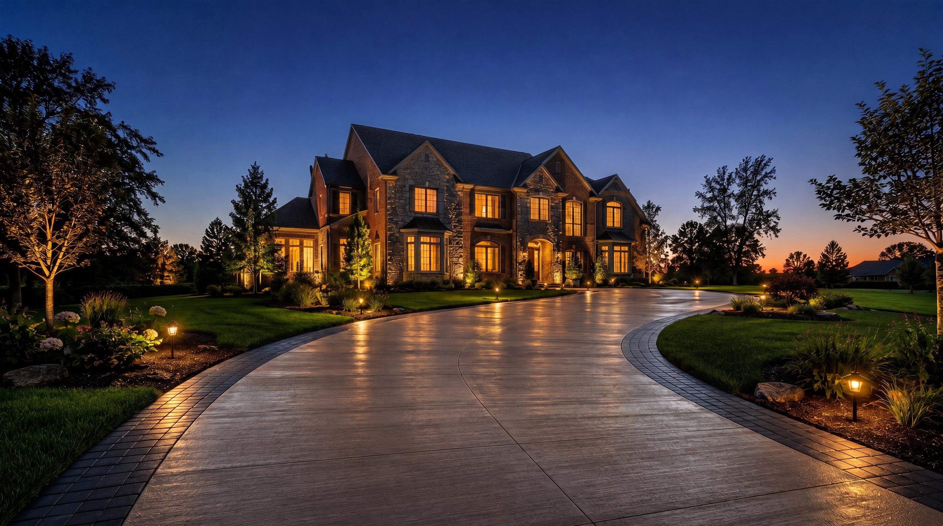 New broom-finished concrete driveway with paver border sweeping toward an upscale Ohio home at twilight — by Ohio Valley Concrete & Hardscapes