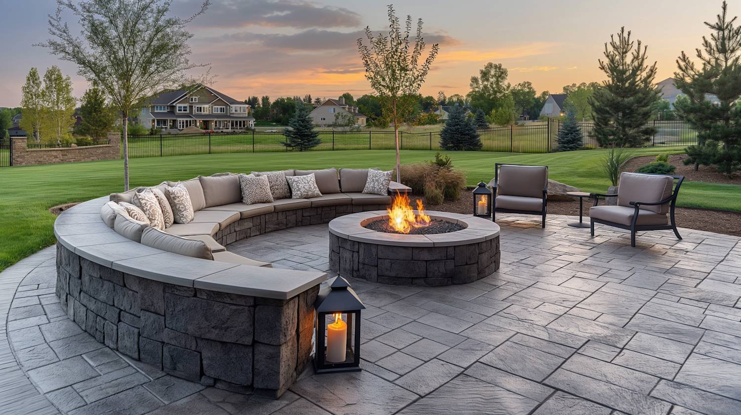 Stamped concrete patio with built-in fire pit in Warren County, Ohio