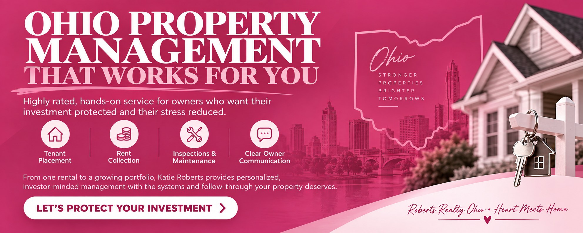 Ohio Property Management That Works for You. Tenant placement, rent collection, inspections and maintenance, clear owner communication. Roberts Realty Ohio, Heart Meets Home.