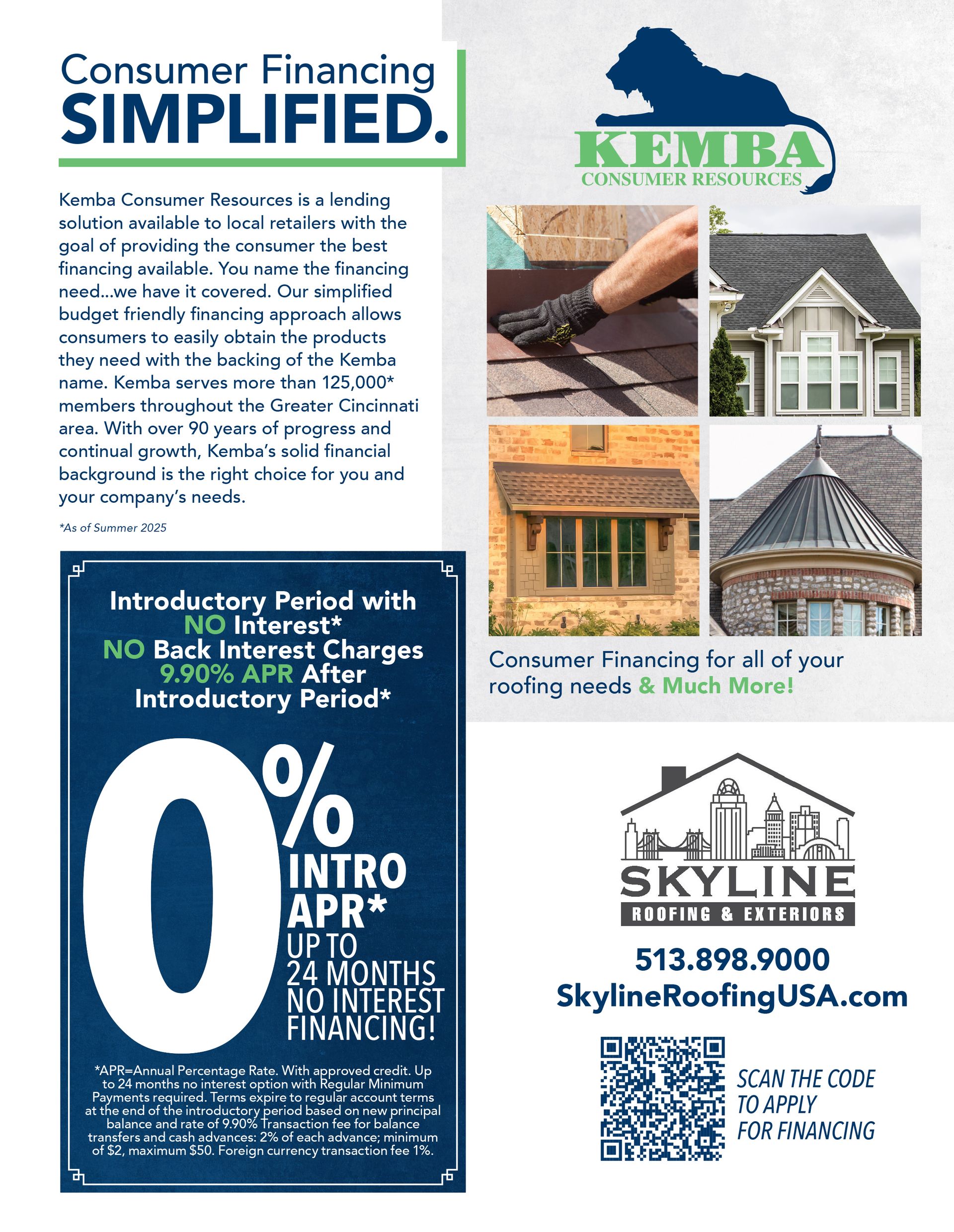 Kemba Consumer Resources financing for Skyline Roofing & Exteriors — 0% APR roofing financing Cincinnati OH