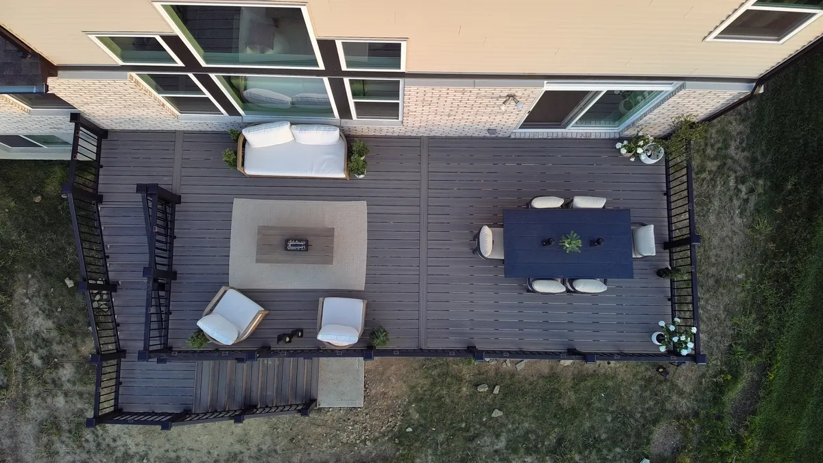 Aerial Deck View with Dining & Firepit