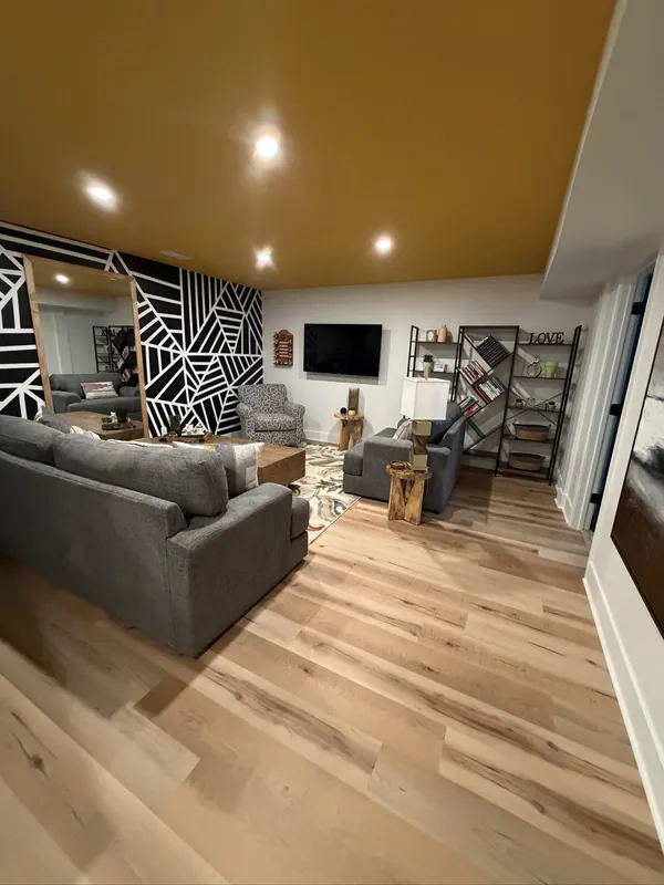 Basement Lounge with Slat Accent Wall