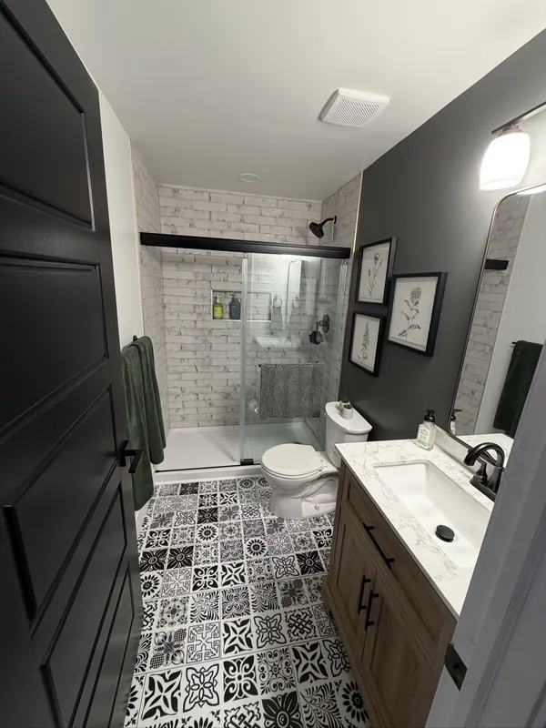 Encaustic Tile Bath with Brick Shower