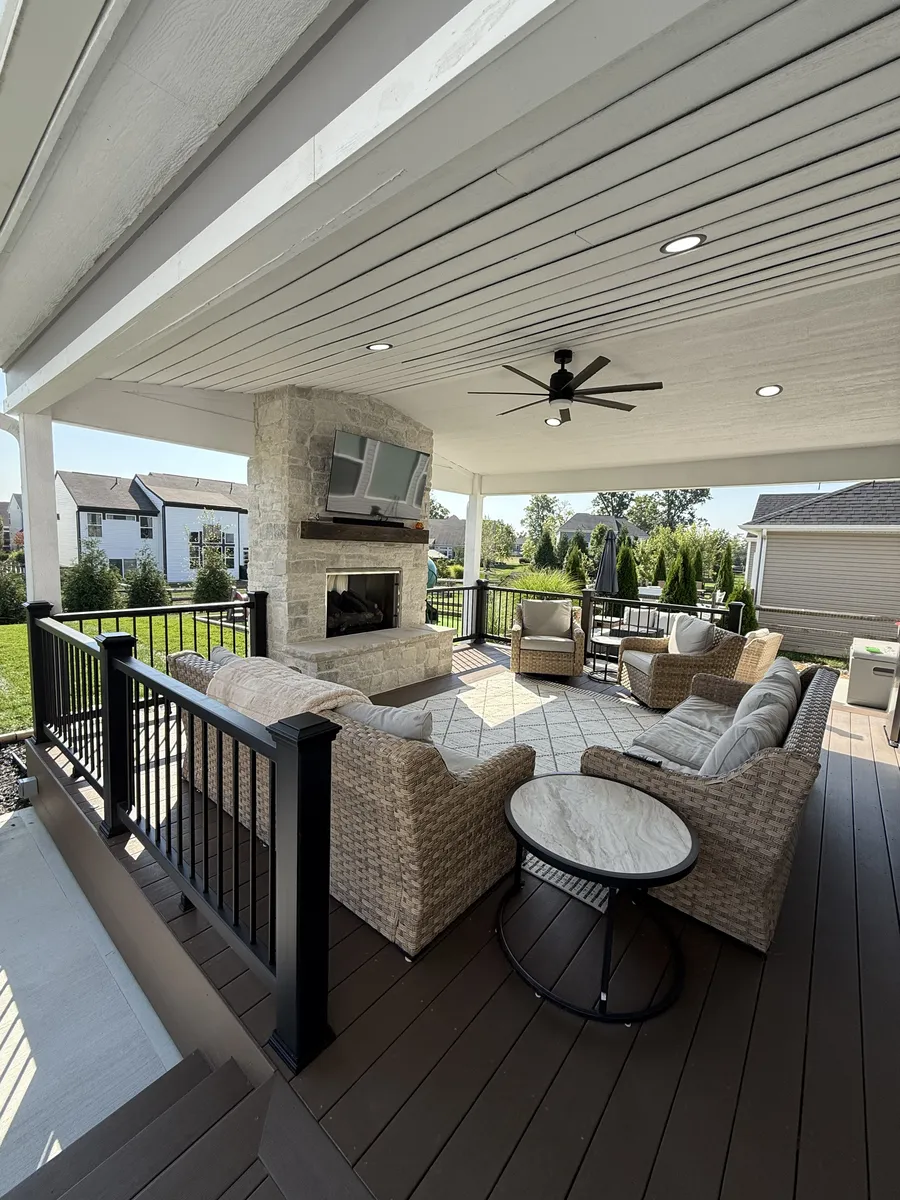 Covered Patio Lounge with Ceiling Fan