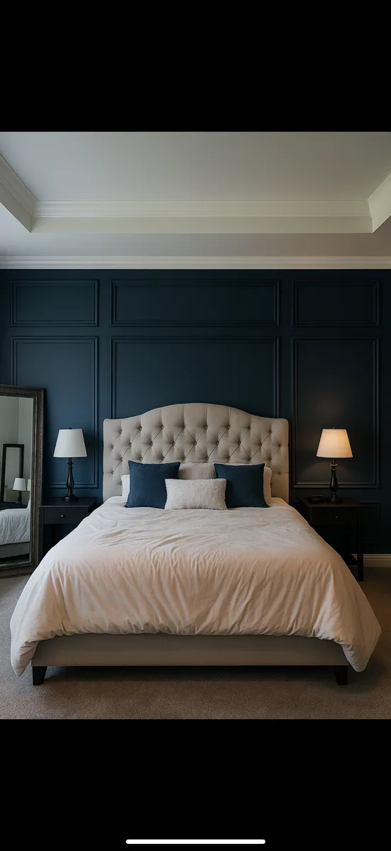 Navy Wainscoting Primary Bedroom